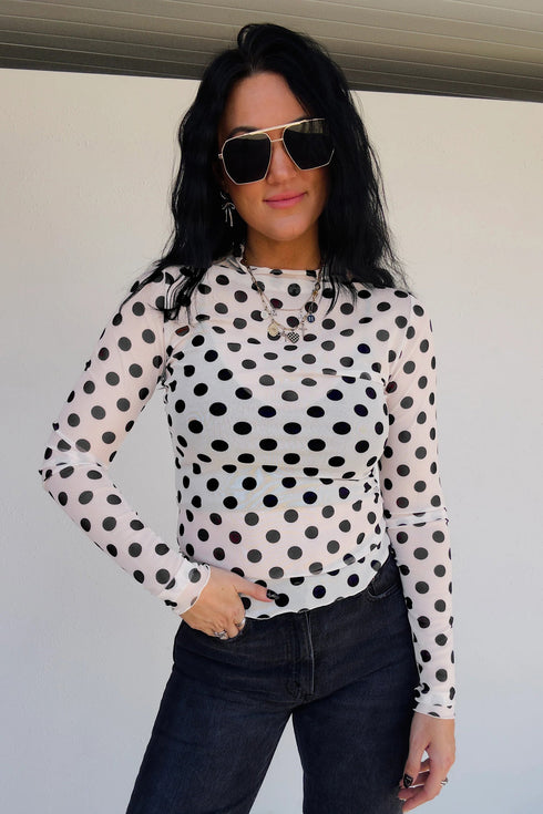 Sheer Polka Dot Mesh Stand Neck Long Sleeve Top