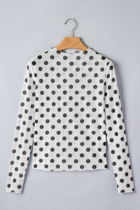 Sheer Polka Dot Mesh Stand Neck Long Sleeve Top