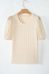 Sheer Polka Dot Puff Sleeve Ribbed Knit Summer Blouse