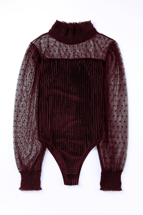 Sheer Polka Dot Ribbed Velvet Long Sleeve Bodysuit