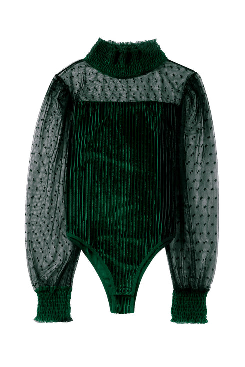 Sheer Polka Dot Ribbed Velvet Long Sleeve Bodysuit