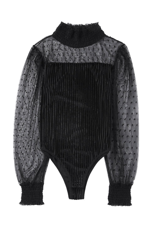 Sheer Polka Dot Ribbed Velvet Long Sleeve Bodysuit