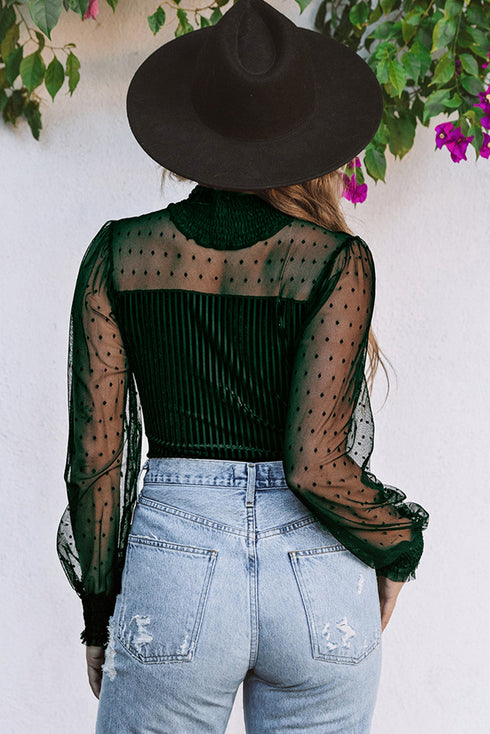 Sheer Polka Dot Ribbed Velvet Long Sleeve Bodysuit