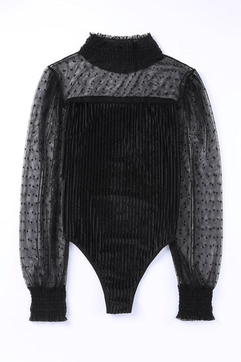 Sheer Polka Dot Ribbed Velvet Long Sleeve Bodysuit