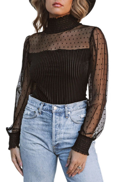 Sheer Polka Dot Ribbed Velvet Long Sleeve Bodysuit
