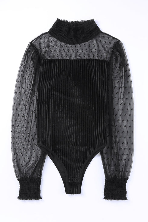 Sheer Polka Dot Ribbed Velvet Long Sleeve Bodysuit