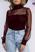Sheer Polka Dot Ribbed Velvet Long Sleeve Bodysuit