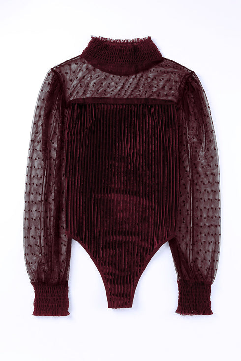 Sheer Polka Dot Ribbed Velvet Long Sleeve Bodysuit