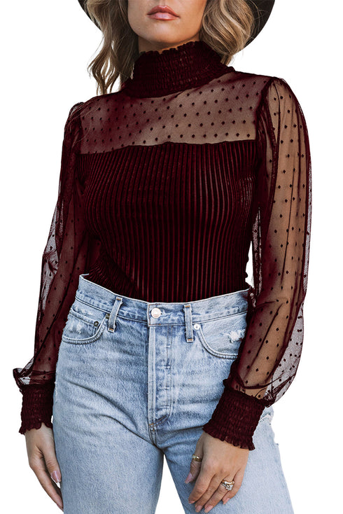 Sheer Polka Dot Ribbed Velvet Long Sleeve Bodysuit