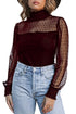 Sheer Polka Dot Ribbed Velvet Long Sleeve Bodysuit