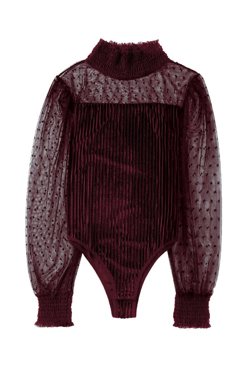 Sheer Polka Dot Ribbed Velvet Long Sleeve Bodysuit