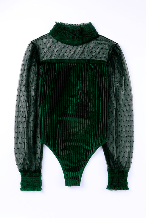 Sheer Polka Dot Ribbed Velvet Long Sleeve Bodysuit
