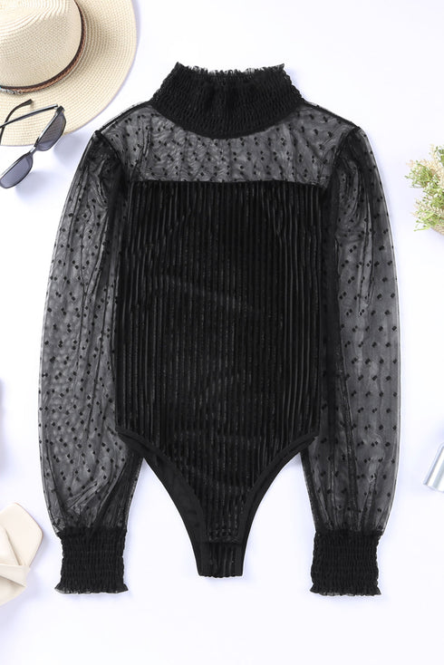 Sheer Polka Dot Ribbed Velvet Long Sleeve Bodysuit