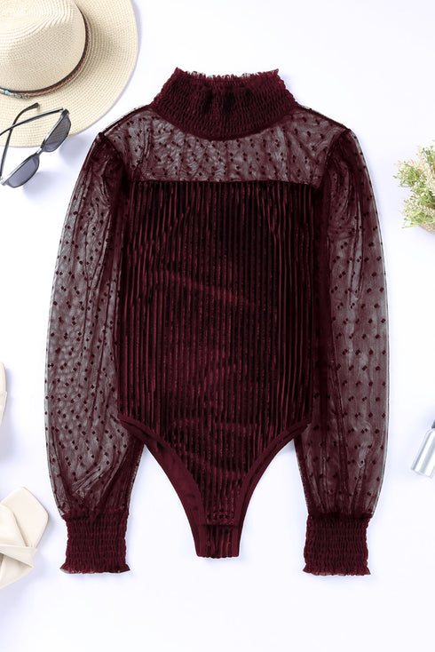 Sheer Polka Dot Ribbed Velvet Long Sleeve Bodysuit