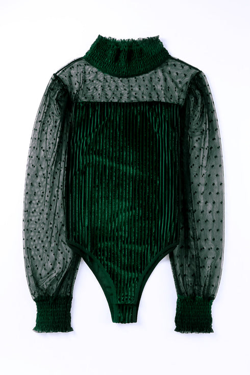 Sheer Polka Dot Ribbed Velvet Long Sleeve Bodysuit