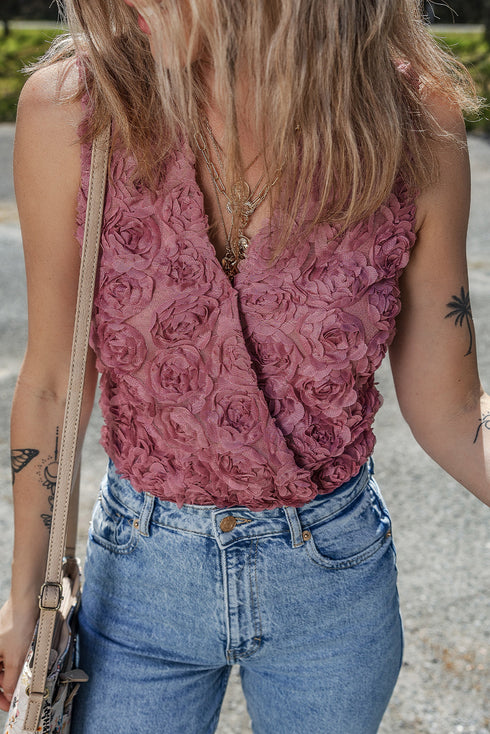 Sheer Textured Floral Wrap V Neck Sleeveless Bodysuit