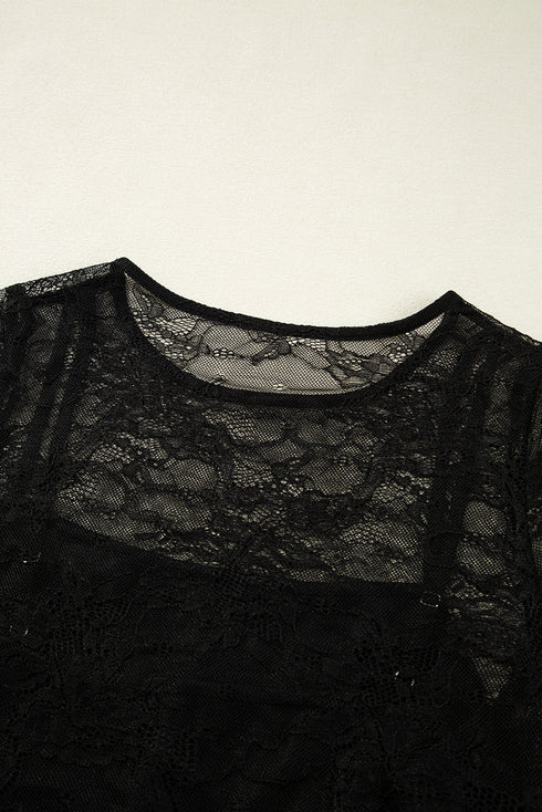 Sheer Textured Mesh And Lace Slim Fit Long Sleeve Top