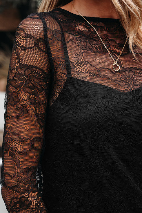 Sheer Textured Mesh And Lace Slim Fit Long Sleeve Top