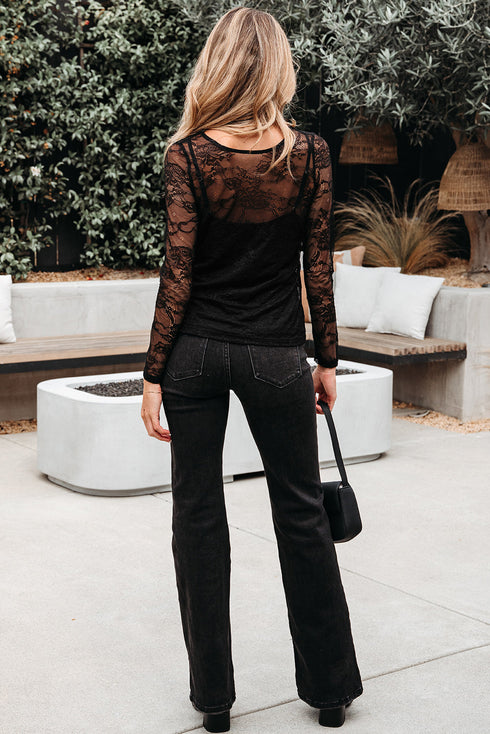 Sheer Textured Mesh And Lace Slim Fit Long Sleeve Top