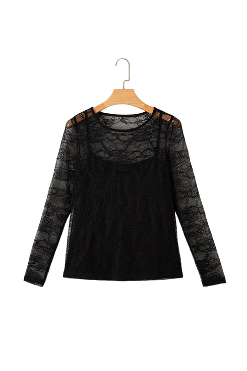 Sheer Textured Mesh And Lace Slim Fit Long Sleeve Top