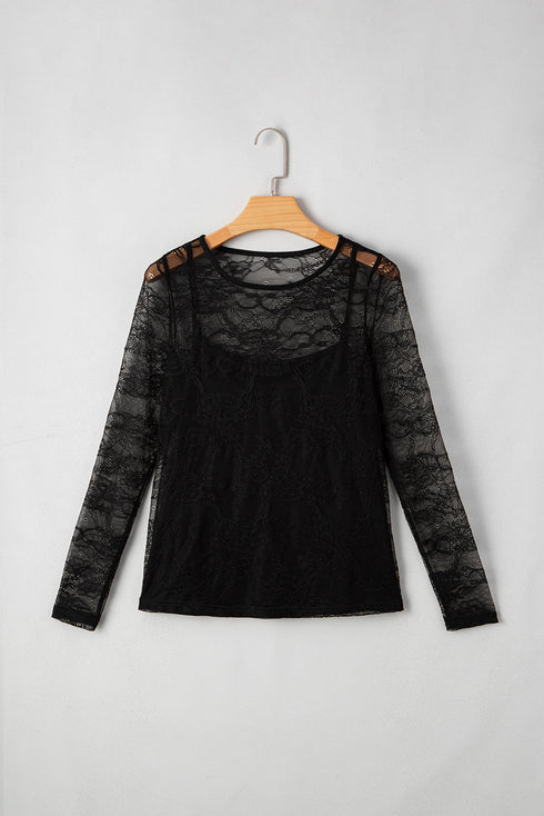 Sheer Textured Mesh And Lace Slim Fit Long Sleeve Top