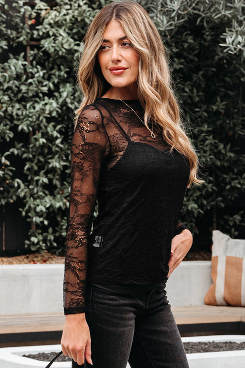 Sheer Textured Mesh And Lace Slim Fit Long Sleeve Top