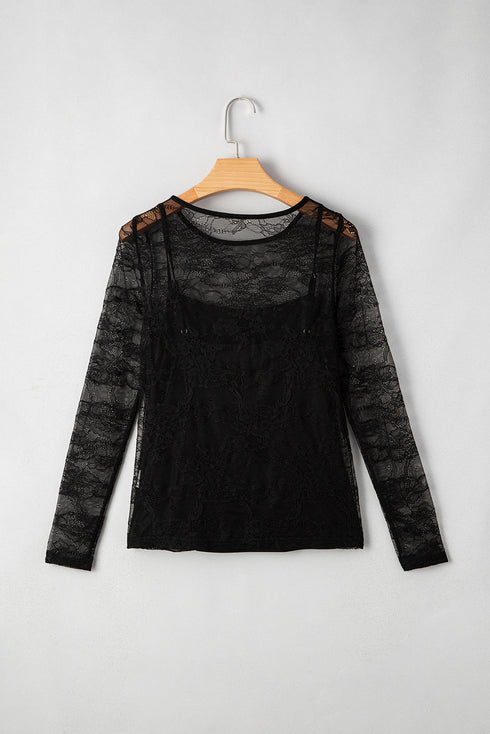Sheer Textured Mesh And Lace Slim Fit Long Sleeve Top