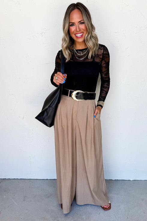 Sheer Textured Mesh And Lace Slim Fit Long Sleeve Top