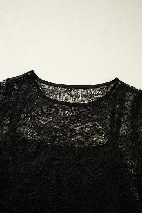 Sheer Textured Mesh And Lace Slim Fit Long Sleeve Top