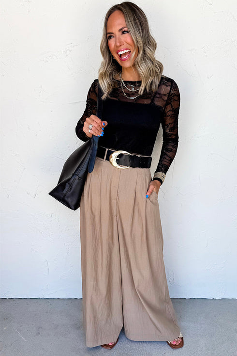 Sheer Textured Mesh And Lace Slim Fit Long Sleeve Top