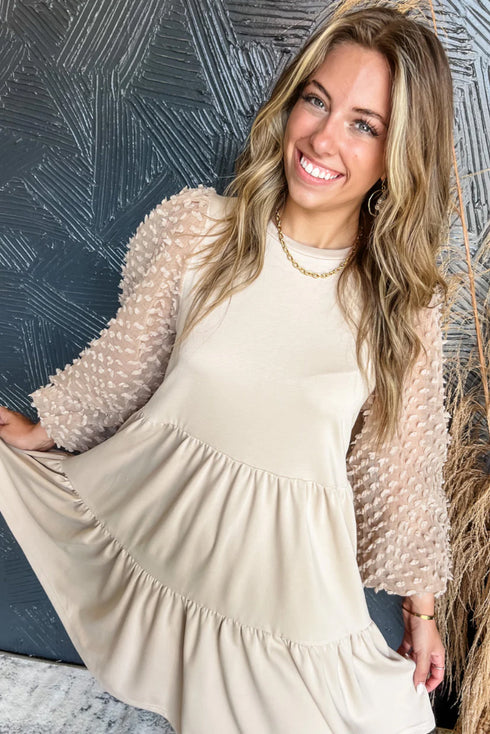 Sheer Textured Sleeve Tiered Ruffle Mini Dress