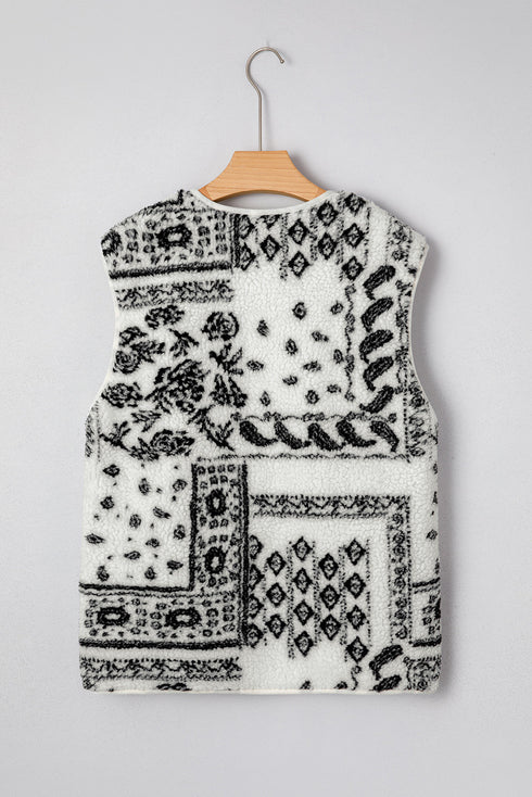 Sherpa Fleece Paisley Print Pocketed Western Vest