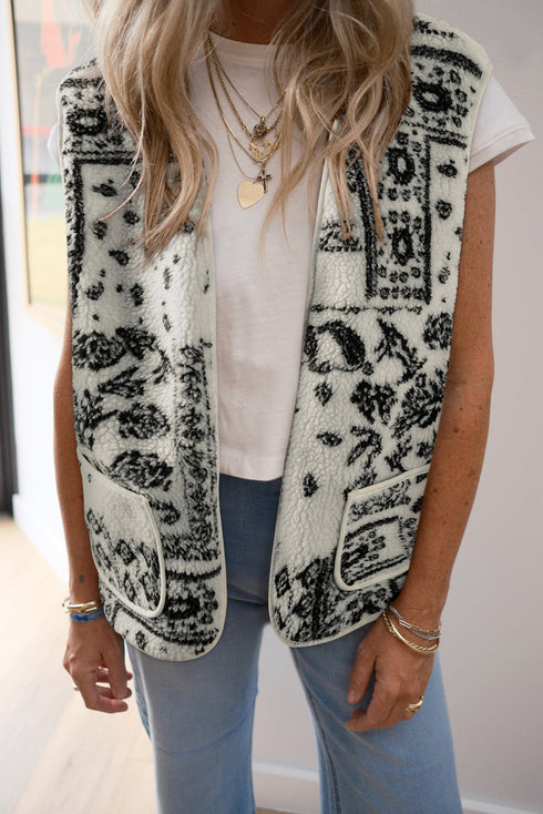 Sherpa Fleece Paisley Print Pocketed Western Vest