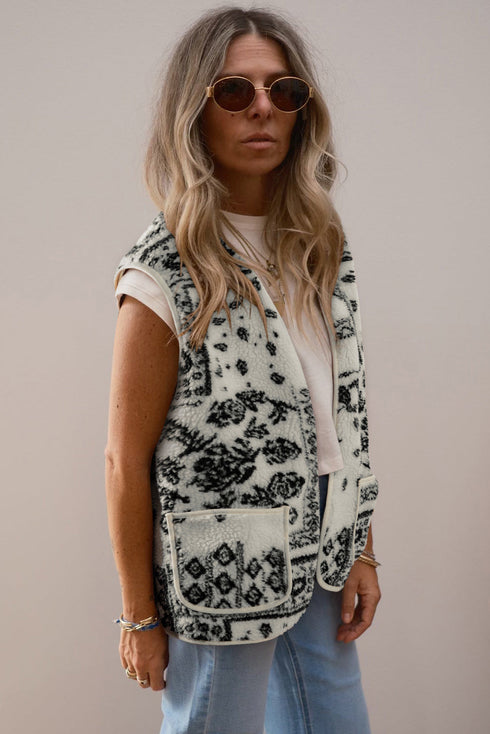 Sherpa Fleece Paisley Print Pocketed Western Vest