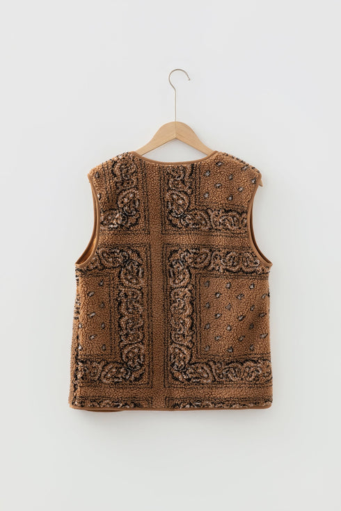 Sherpa Fleece Paisley Print Pocketed Western Vest