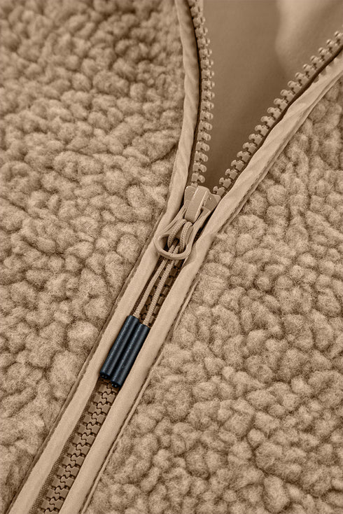 Sherpa Fleece Zip Front Drawstring Hood Drop Shoulder Pocketed Jacket