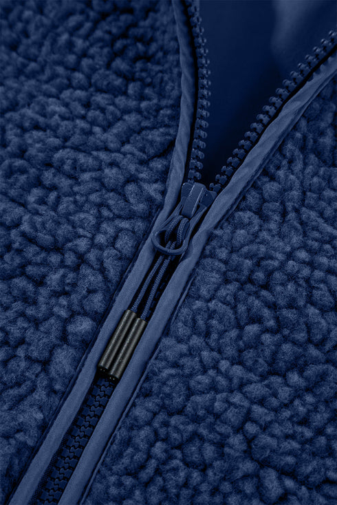 Sherpa Fleece Zip Front Drawstring Hood Drop Shoulder Pocketed Jacket