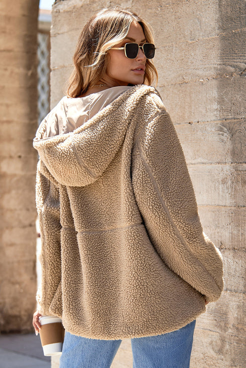 Sherpa Fleece Zip Front Drawstring Hood Drop Shoulder Pocketed Jacket