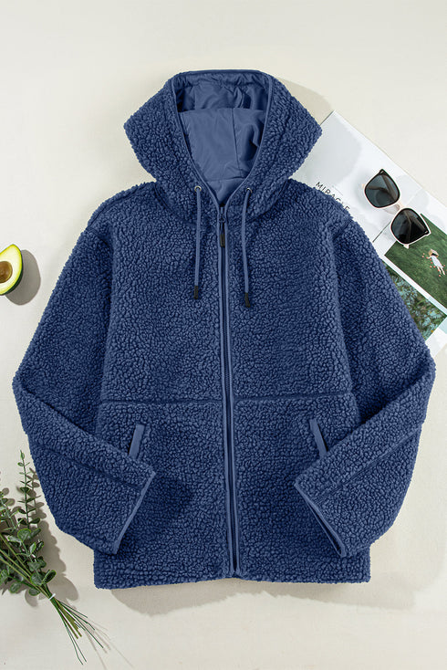 Sherpa Fleece Zip Front Drawstring Hood Drop Shoulder Pocketed Jacket