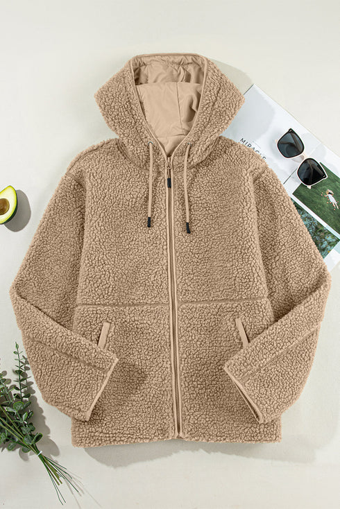 Sherpa Fleece Zip Front Drawstring Hood Drop Shoulder Pocketed Jacket