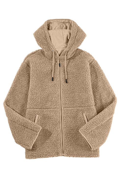 Sherpa Fleece Zip Front Drawstring Hood Drop Shoulder Pocketed Jacket