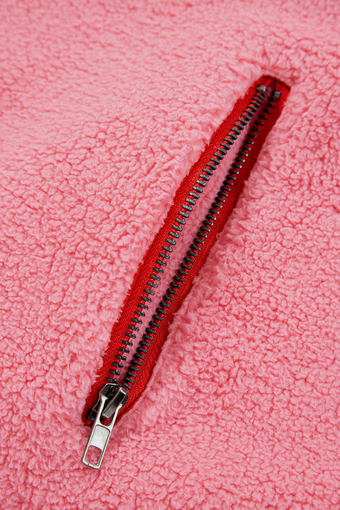 Sherpa Half Zip Contrast Piping Stand Collar Pocketed Drop Shoulder Sweatshirt