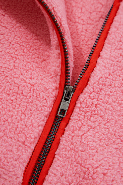 Sherpa Half Zip Contrast Piping Stand Collar Pocketed Drop Shoulder Sweatshirt