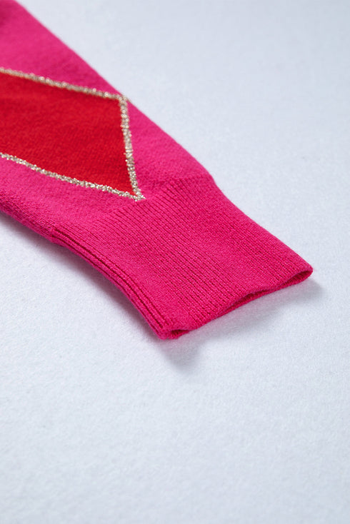 Shimmer Detail Argyle Pattern Crew Neck Sweater