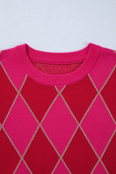 Shimmer Detail Argyle Pattern Crew Neck Sweater