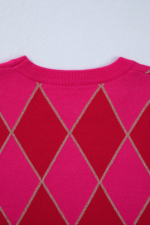 Shimmer Detail Argyle Pattern Crew Neck Sweater