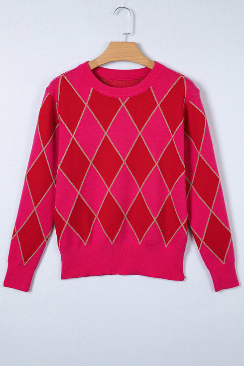Shimmer Detail Argyle Pattern Crew Neck Sweater
