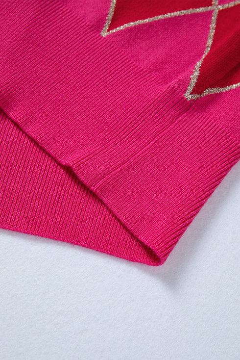 Shimmer Detail Argyle Pattern Crew Neck Sweater