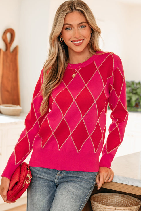 Shimmer Detail Argyle Pattern Crew Neck Sweater