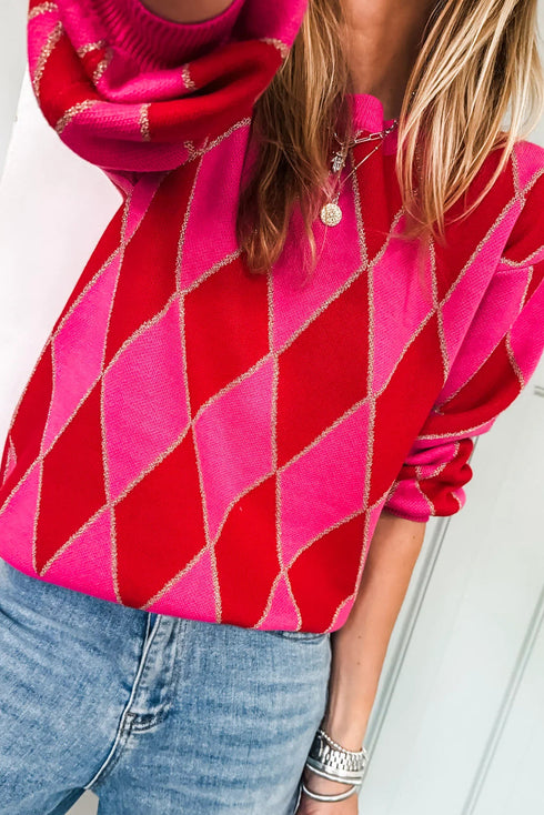 Shimmer Detail Argyle Pattern Crew Neck Sweater